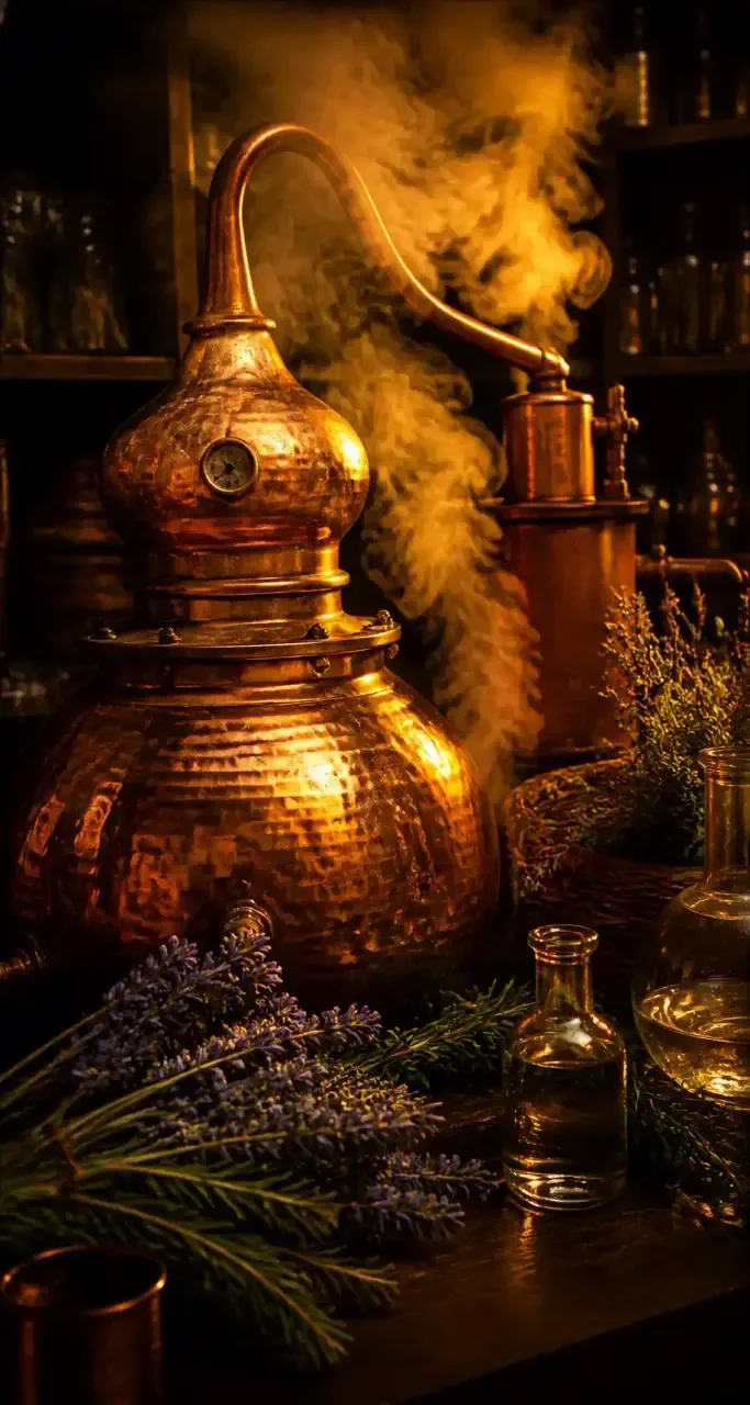 Alambic en cuivre, distillation de plantes aromatiques