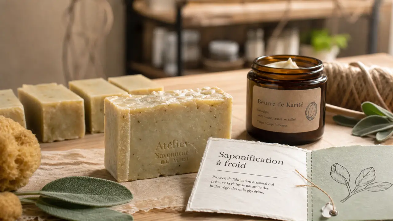 Artisans savonniers : savon artisanal à froid sur plan de travail
