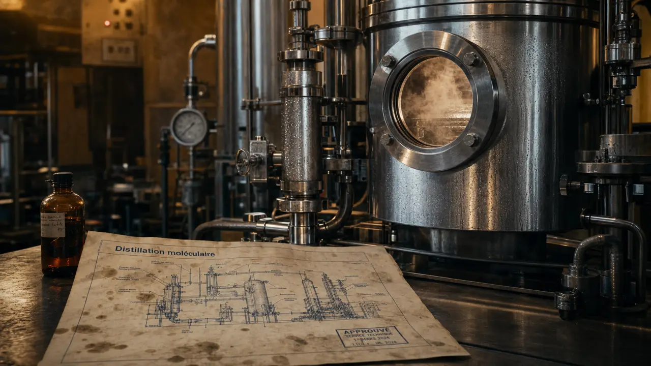 Distillation moléculaire en vide poussé : unité à film râclé en inox dans un atelier industriel