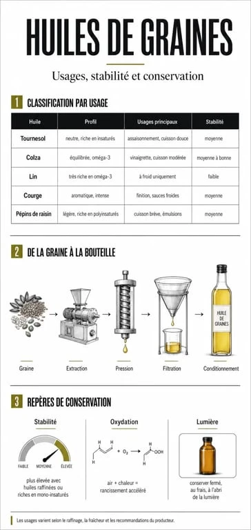Infographie sur l’huile de graine : types d’huiles, extraction et usages