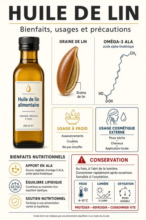 Huile de lin bienfaits : visuel scientifique sur les oméga-3, l’usage alimentaire et cosmétique, et les précautions de conservation