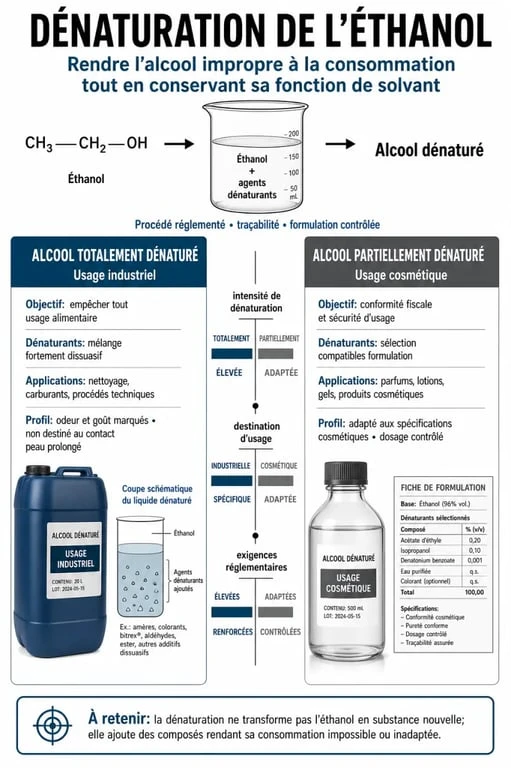 Schéma explicatif des différences entre alcool totalement et partiellement dénaturé pour la conformité réglementaire