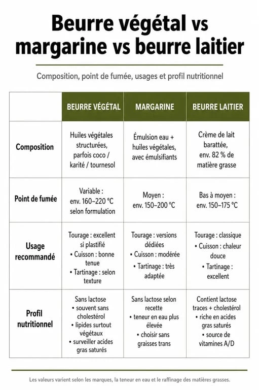Comparatif des différences entre beurre végétal, margarine et beurre laitier pour la cuisine