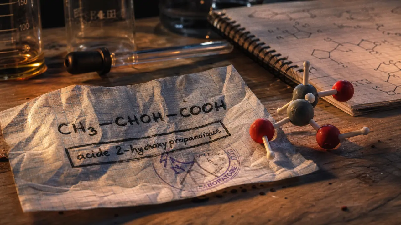 Formule semi developpee acide lactique CH3–CHOH–COOH, modèle moléculaire sur papier
