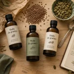 Huile de graine, extraction à froid : bouteilles et graines sur table
