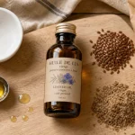 Huile de lin bienfaits, oméga-3 végétaux : bouteille et graines, conservation à froid