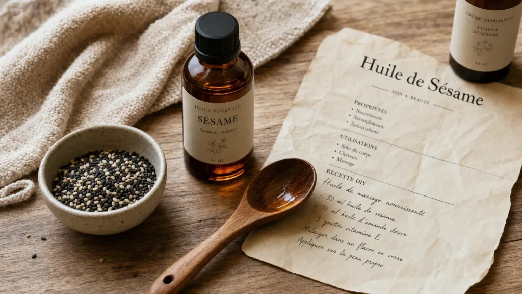Huile de sésame bienfaits : peau sèche, cheveux et cuisson à 210°C