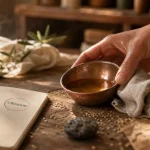 Oléation en Ayurveda : main avec huile de sésame tiédie