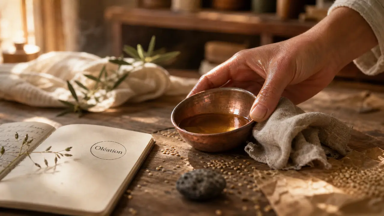 Oléation en Ayurveda : main avec huile de sésame tiédie