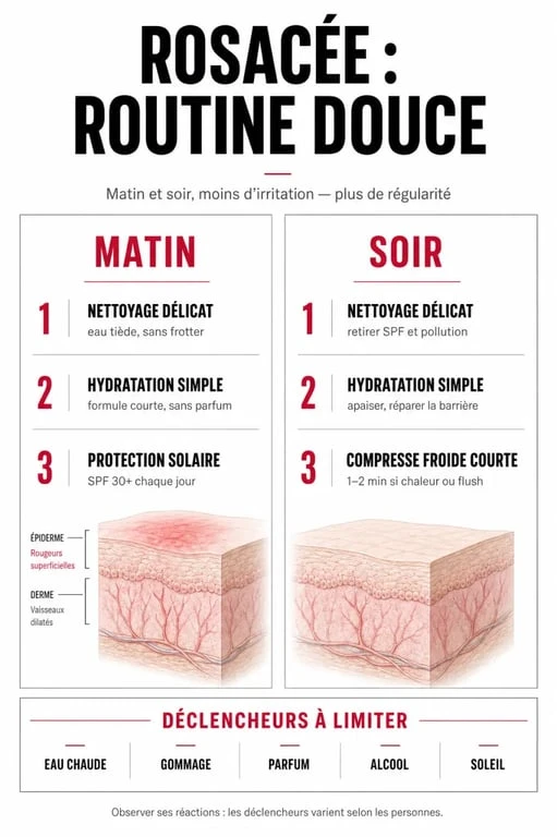 Acné rosacée traitement naturel : routine douce matin et soir avec déclencheurs à éviter