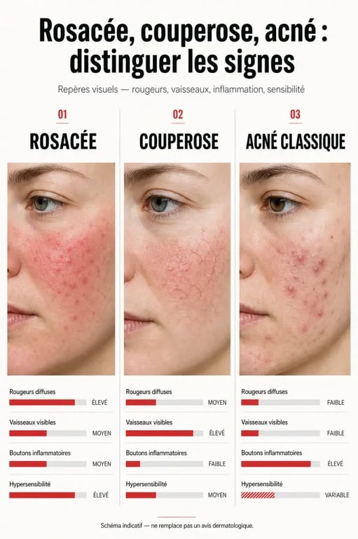 Acné rosacée traitement naturel : comparaison visuelle entre rosacée, couperose et acné classique