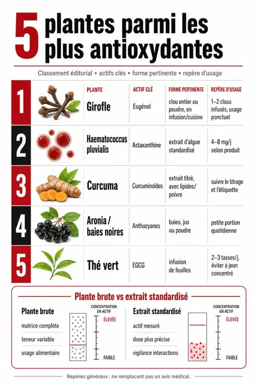 Les 5 plantes les plus antioxydantes au monde comparées dans une infographie scientifique
