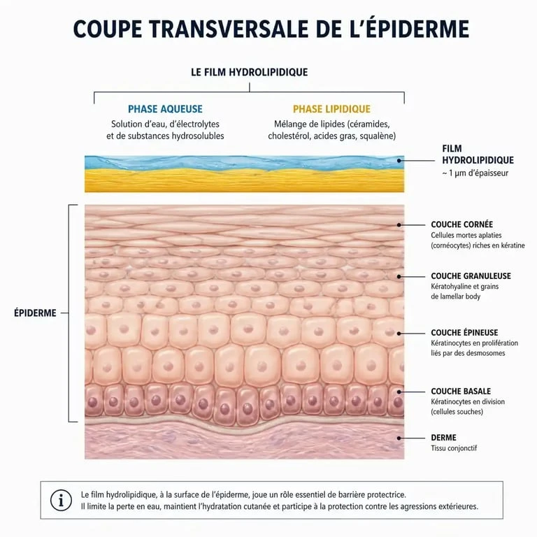 Schéma explicatif de la structure du film hydrolipidique à la surface de la peau