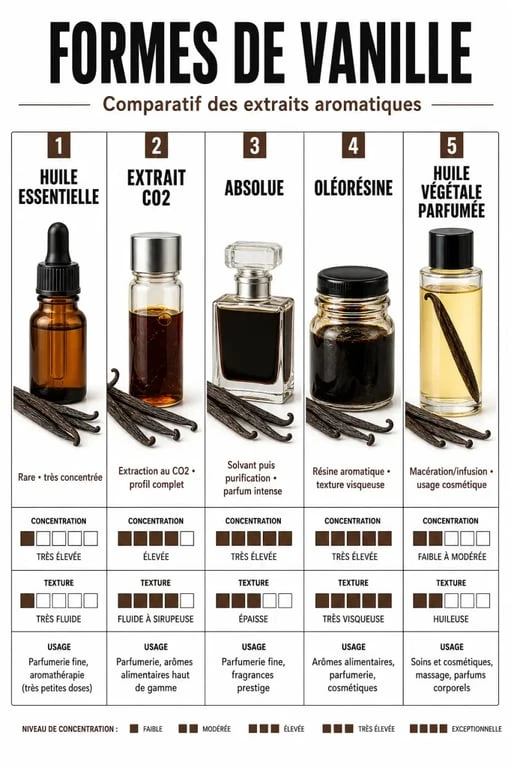 Huiles essentielles vanille : comparaison visuelle entre huile essentielle, extrait CO2, absolue et oléorésine
