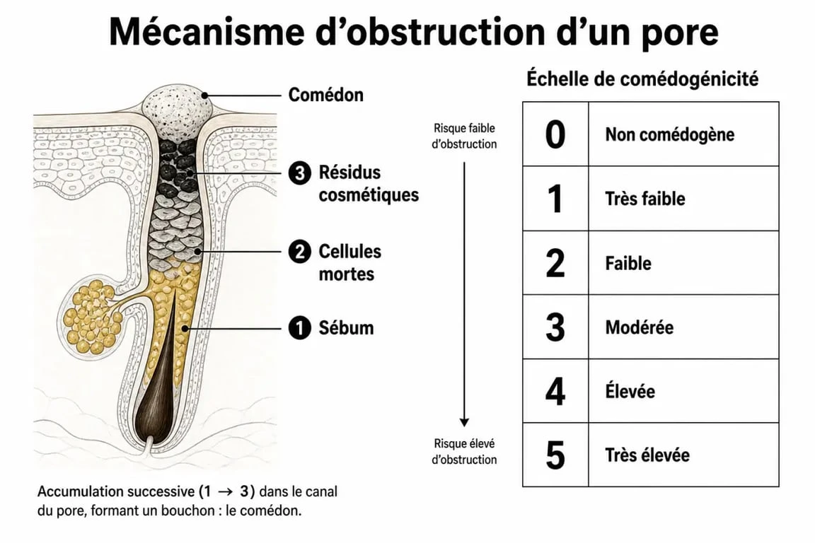 Huile non comédogène : schéma du pore, du sébum et de l’échelle de comédogénicité