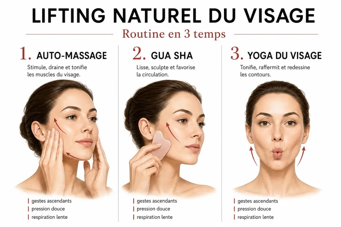 Lifting du visage naturel : routine visuelle avec auto-massage, Gua sha et yoga du visage