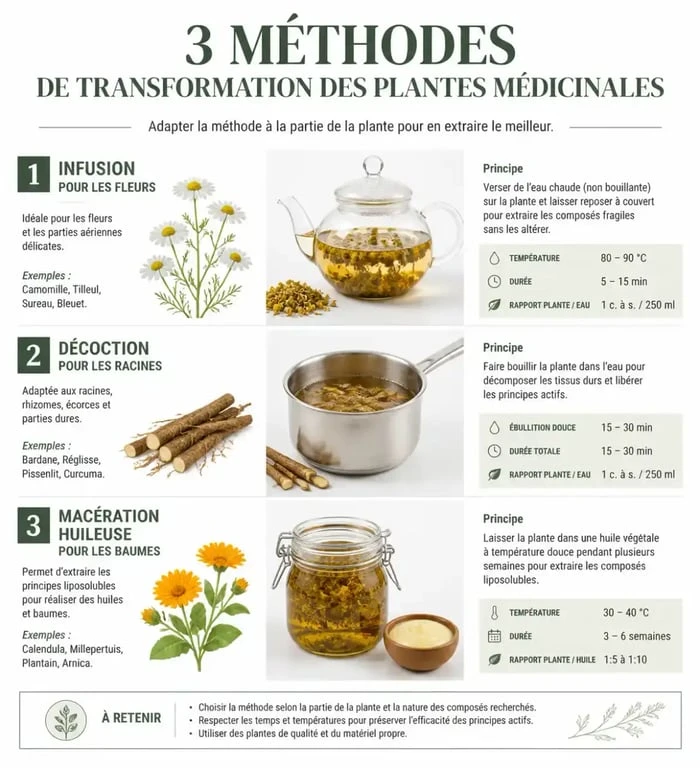 Infographie des méthodes de transformation des plantes médicinales de Bretagne