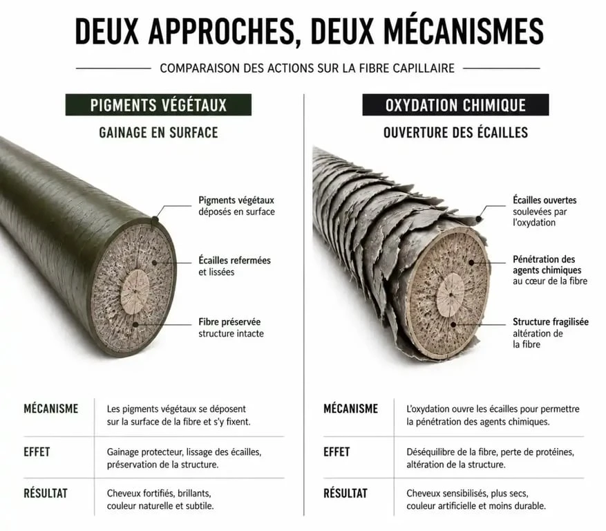 Schéma comparatif entre coloration végétale et coloration chimique pour comprendre les risques et le fonctionnement