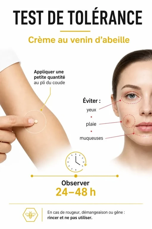 Test de tolérance d’une crème au venin d’abeille sur la peau avec précautions d’usage