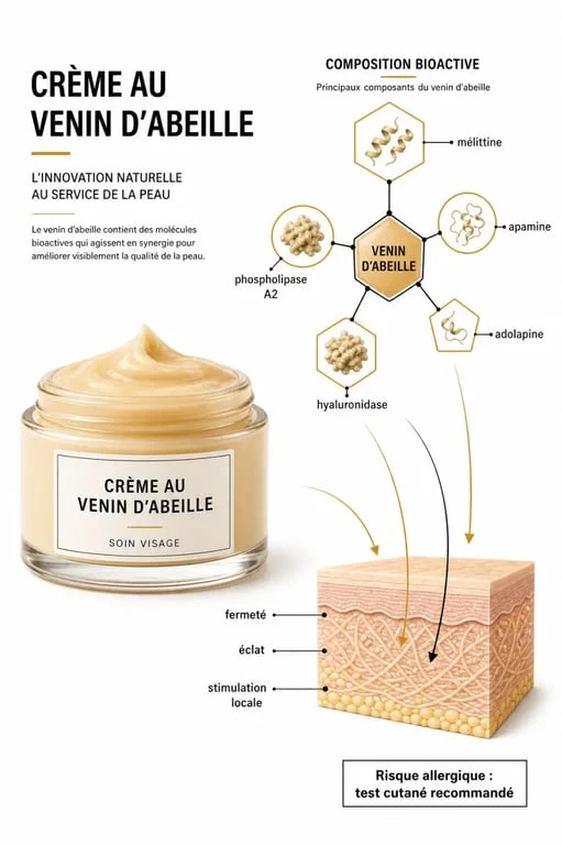Schéma de la crème au venin d’abeille montrant la mélittine et les autres composants