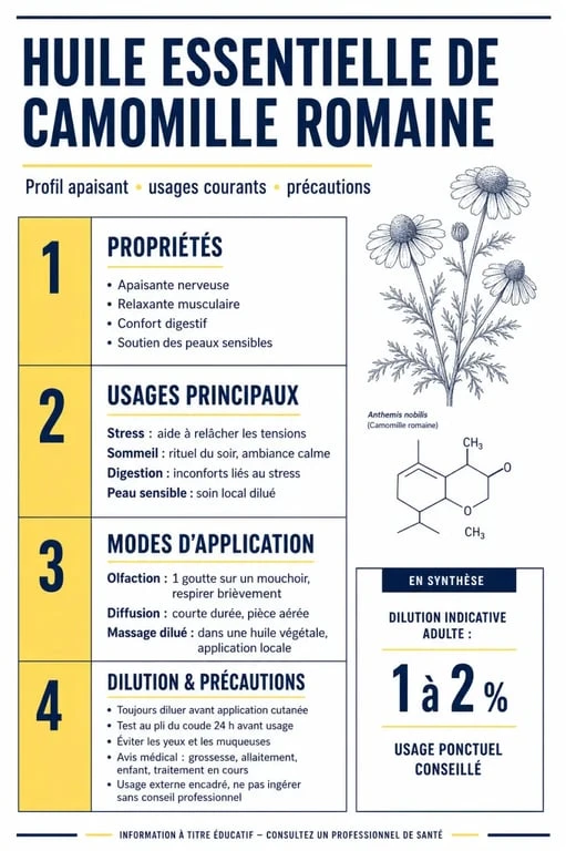 Infographie sur les huiles essentielles camomille romaine : propriétés, usages et précautions