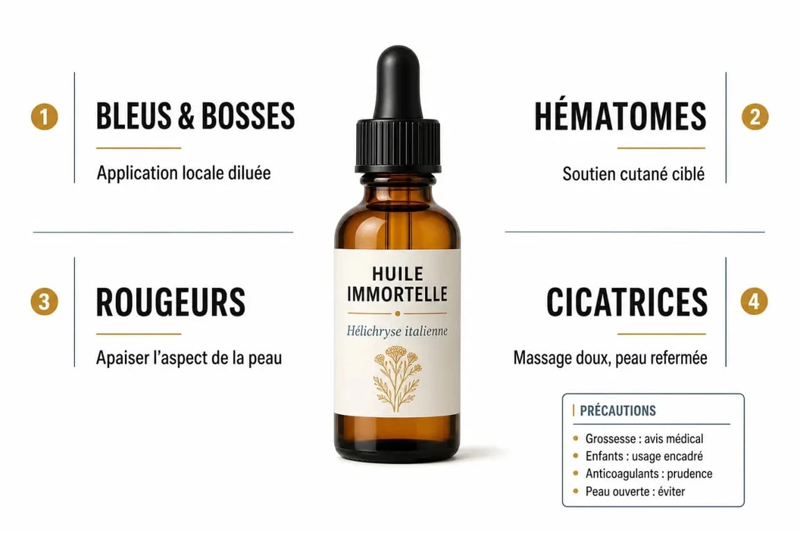 Infographie sur l’huile immortelle montrant ses usages pour les bleus, bosses, rougeurs, cicatrices et contre-indications