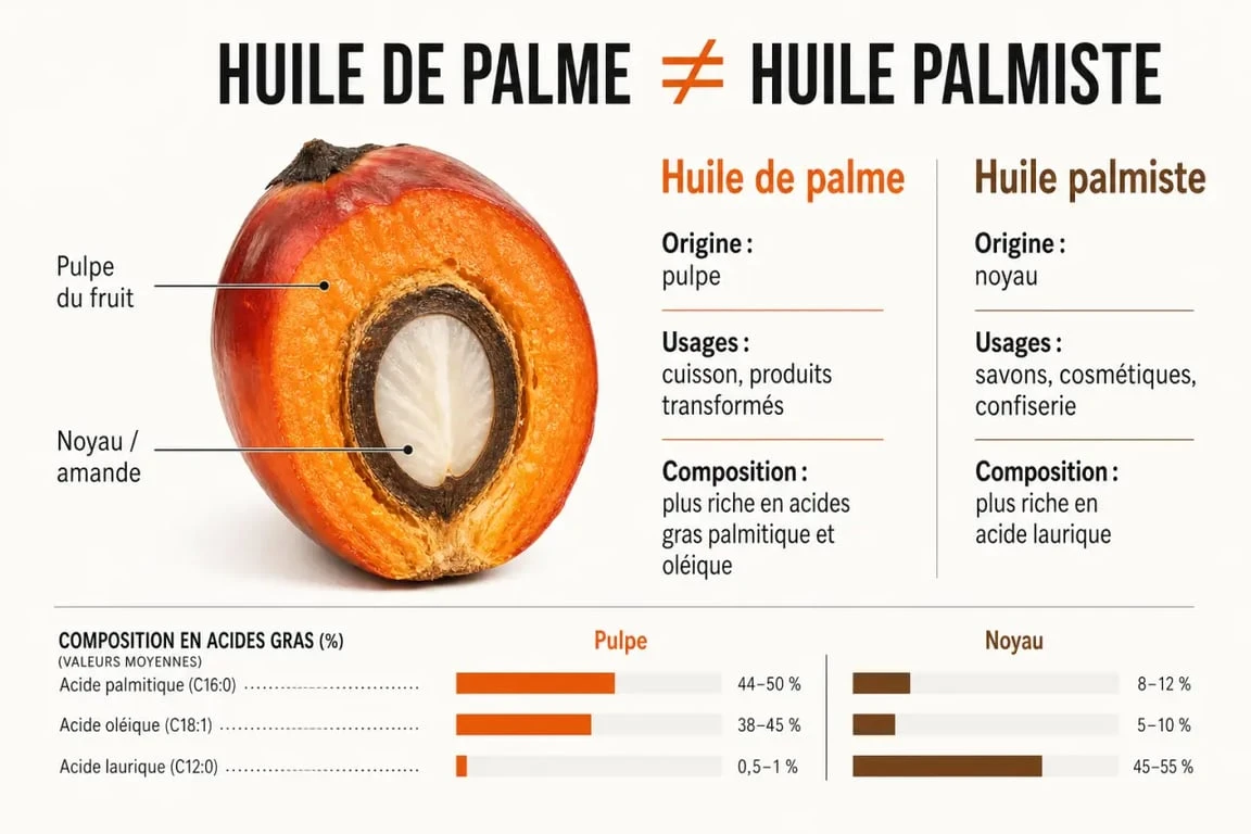 Huile palmiste comparée à l’huile de palme dans une illustration explicative