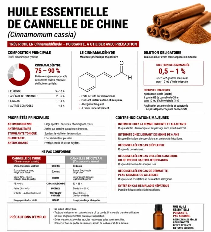 Infographie sur les bienfaits et précautions de l'huile essentielle de cannelle de Chine