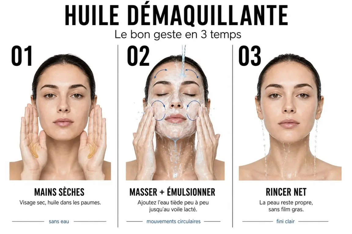 huile demaquillante utilisation : séquence visuelle montrant mains sèches, massage sur peau sèche, émulsion à l’eau tiède puis rinçage net