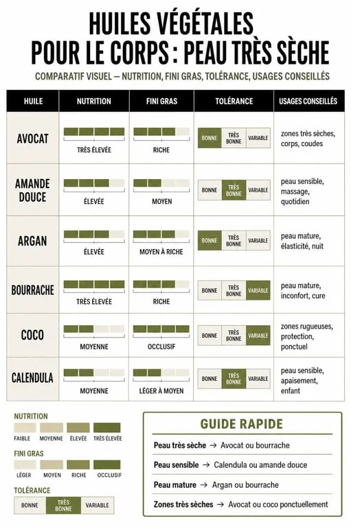 Infographie quelle huile pour le corps peau très sèche : comparaison des huiles végétales selon nutrition, fini gras et tolérance