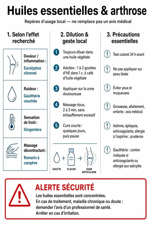 Infographie huile essentielle et arthrose avec huiles utiles, dilution et précautions