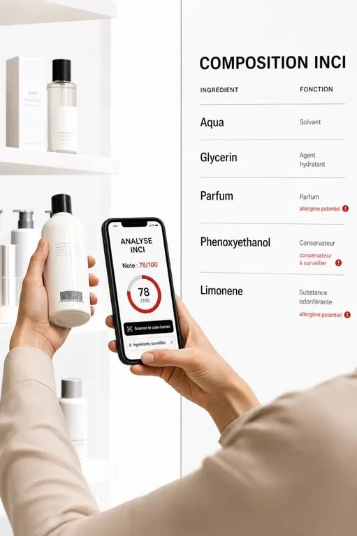 Utilisation d’une application clean beauty pour scanner un cosmétique en magasin et lire la composition INCI