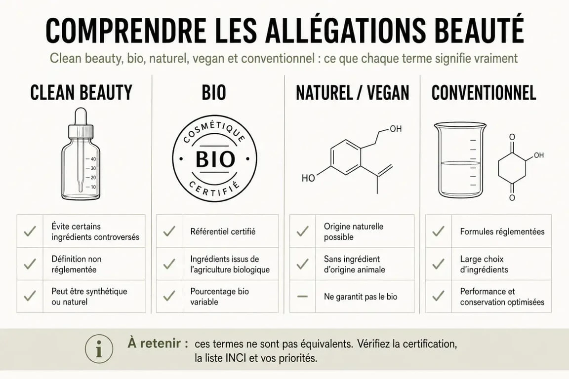 Comparaison visuelle pour application clean beauty entre clean beauty, bio, naturel, vegan et conventionnel