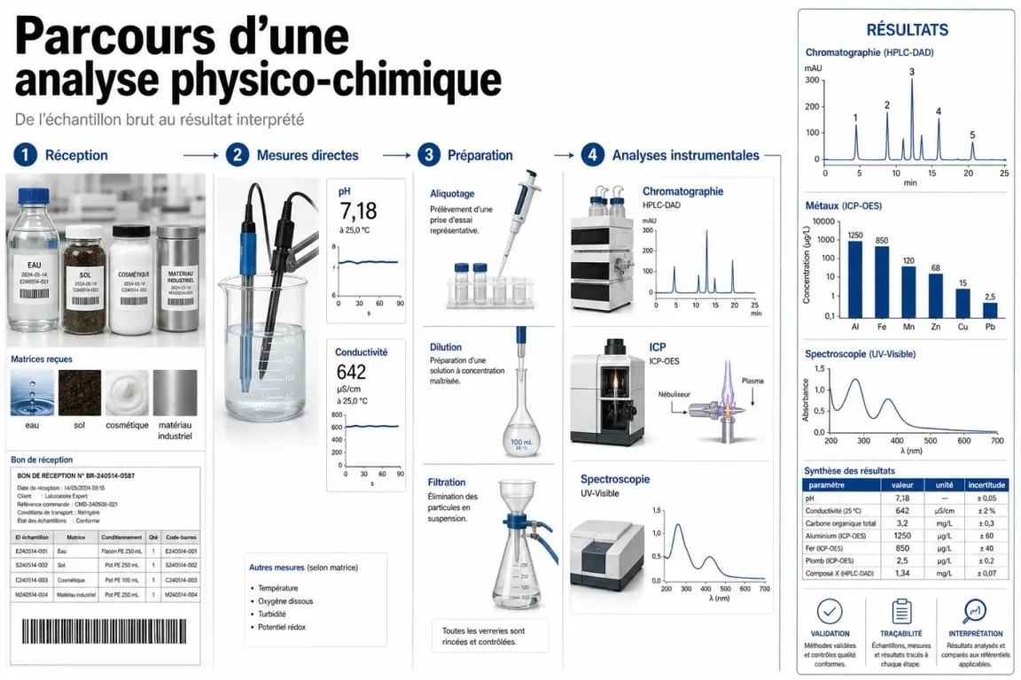 Analyse physico chimique en laboratoire avec mesures de pH, conductivité et analyses instrumentales