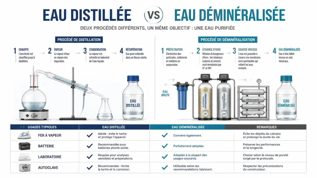 Comparatif eau distillée et eau déminéralisée avec procédés et usages