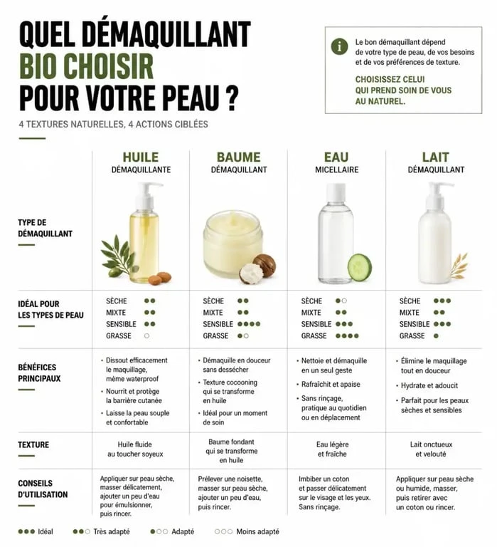 Comparatif des textures de démaquillant bio selon le type de peau