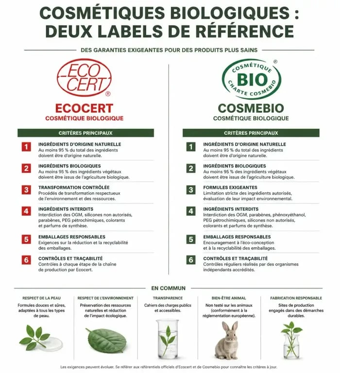 Labels de certification pour démaquillant bio : Ecocert et Cosmebio