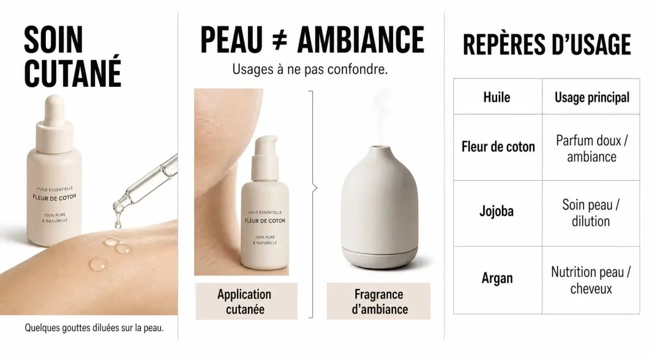 Infographie sur l’huile essentielle fleur de coton, ses usages, ses bienfaits et sa comparaison avec le jojoba et l’argan