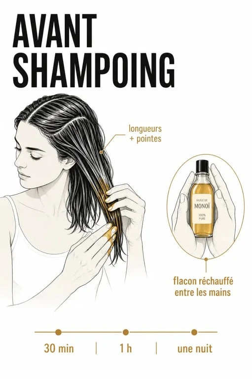 Huile de monoi cheveux appliquée sur les longueurs et les pointes avant shampoing