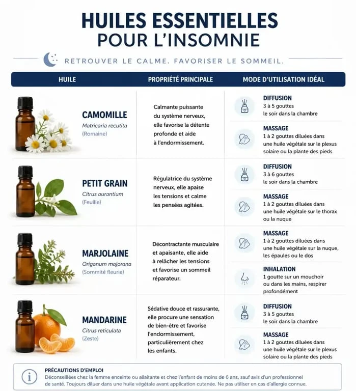 Infographie des huiles essentielles pour lutter contre l'insomnie et favoriser le sommeil