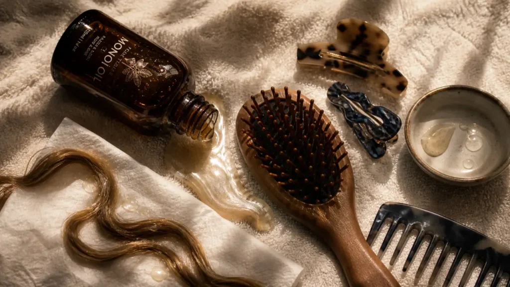 Huile de monoï cheveux : les bons gestes pour les pointes sèches et les racines grasses
