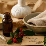 Huile essentielle et arthrose : flacon et massage local aux huiles essentielles