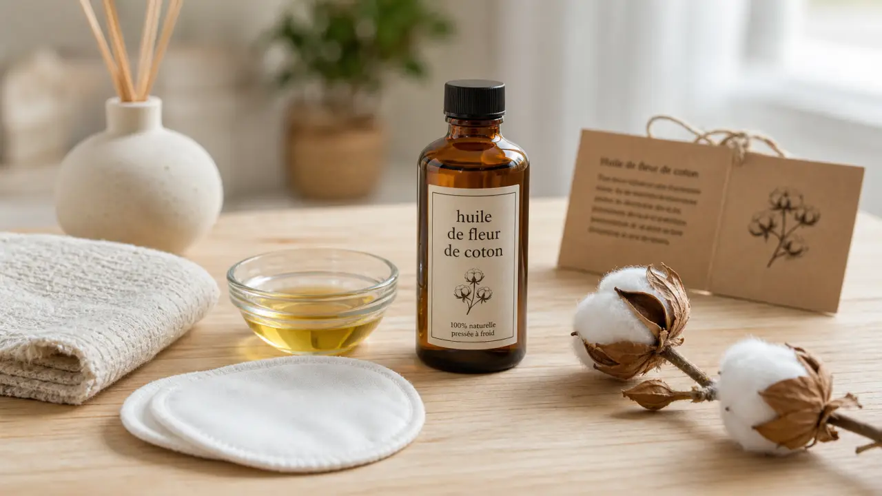 Huile essentielle fleur de coton en flacon ambré pour soin et parfum d’ambiance