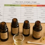 Huile essentielle périmée dangere : flacons oxydés sur table