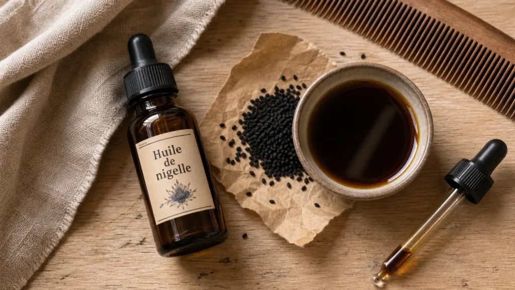 Huile de nigelle pour les cheveux : ce qu’elle change sur la fibre, le cuir chevelu et la pousse