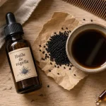 huile nigelle cheveux : flacon, graines et huile sombre sur table