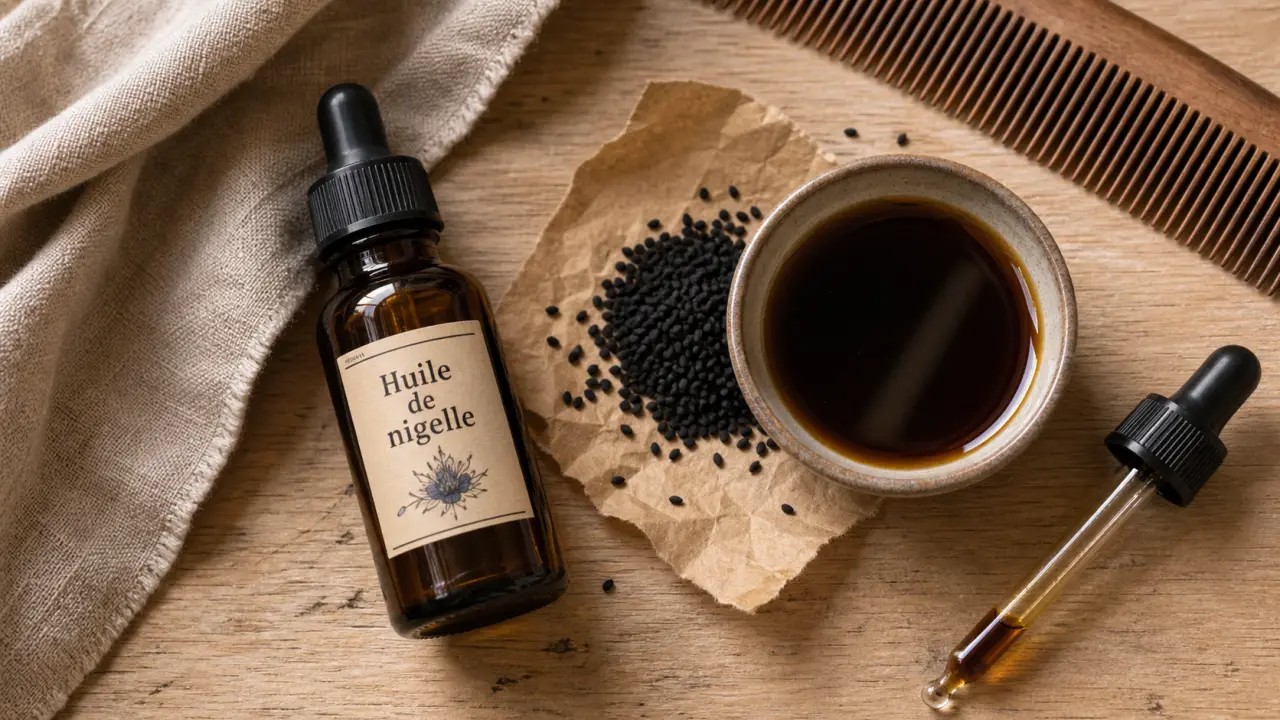 huile nigelle cheveux : flacon, graines et huile sombre sur table