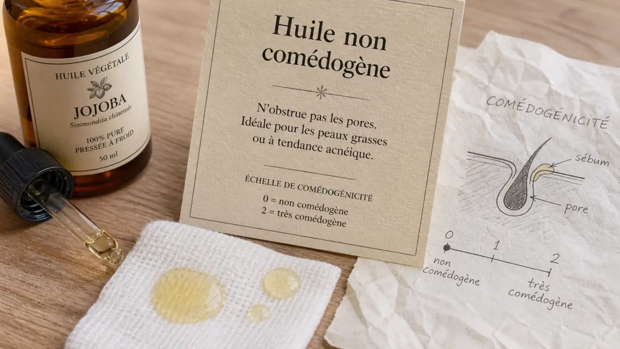Huile non comédogène, indice 0 à 2, peau grasse