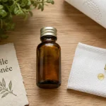 Huile ozonée sur peau : application locale, flacon ambré et compresse