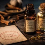 Huiles essentielles cannelle de chine : flacon ambré, pipette et huile végétale.